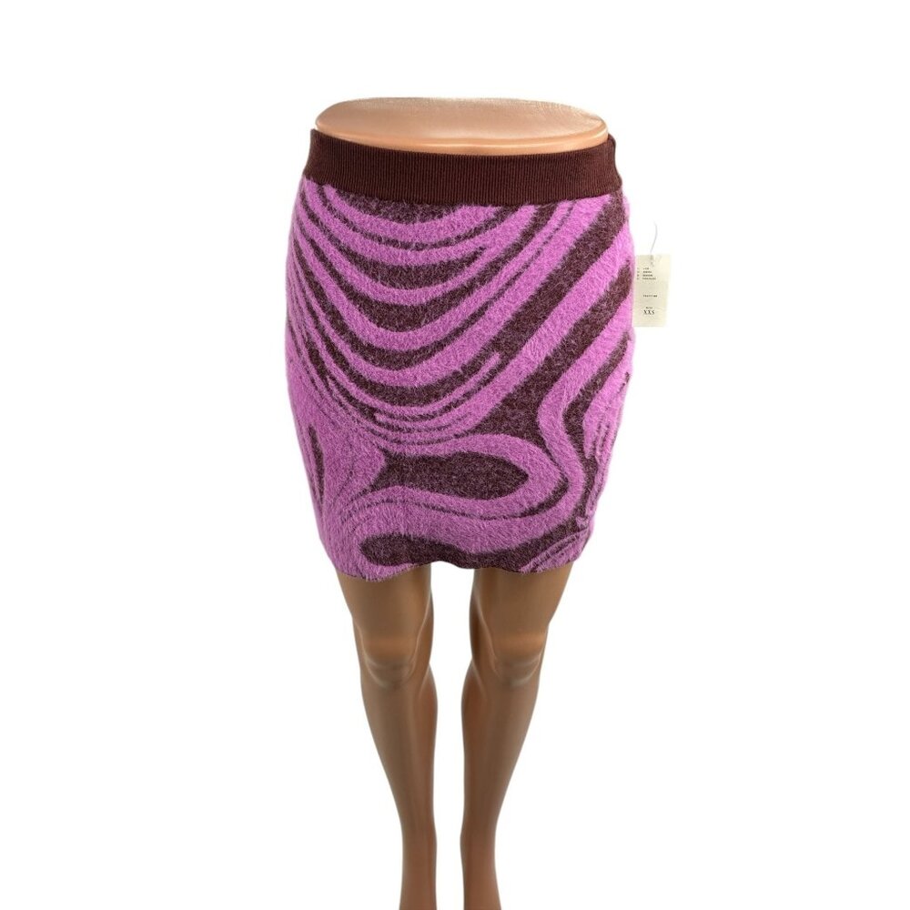 Anthropologie Womens XXS Knit Mini Skirt Pink Brown Abstract Fuzzy Stretch